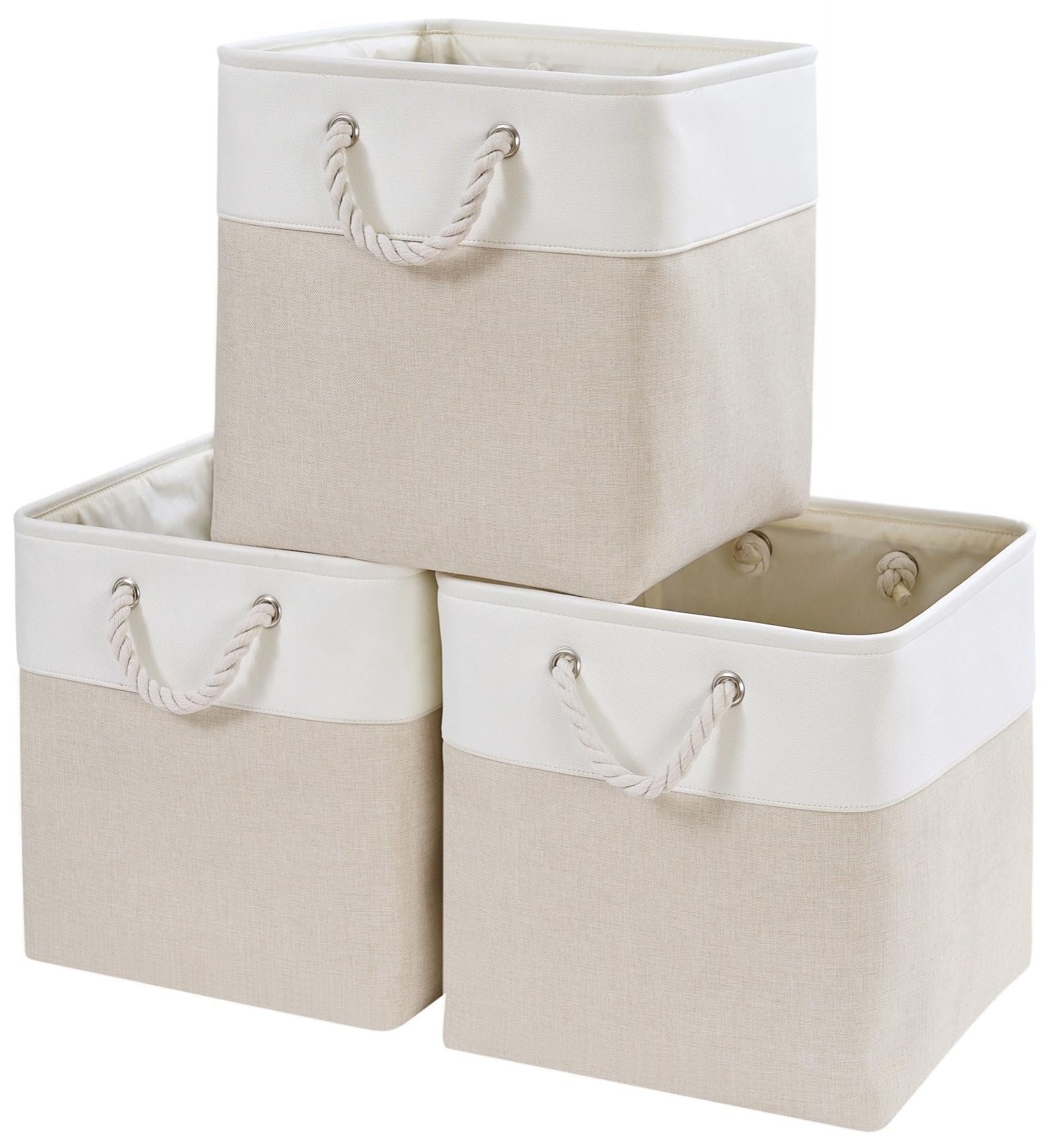 Mangata Fabric Storage Boxes, 25x25x25cm Cube Storage Boxes for Organizing Clothes Shelf Nursery Home Closet(Light Beige/White, Set of 3)
