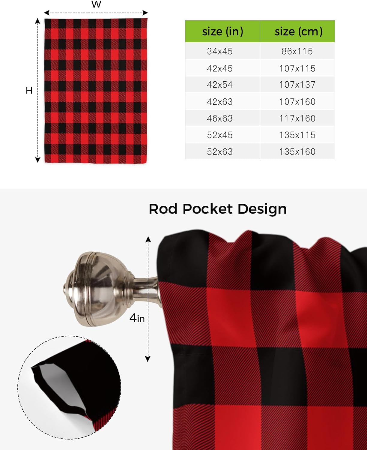 YOKOU Bow Look Tie Up Balloon Curtain, Christmas Red and Black Buffalo Plaid Adjustable Rod Pocket Window Shades Drape for Living Room, Bedroom，Kitchen 1 pcs 46 x63 inch