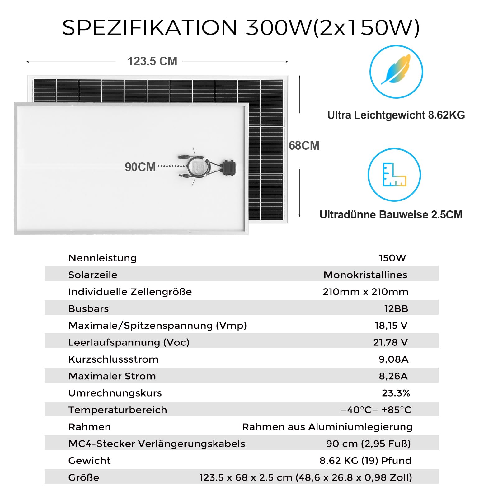 300W Solarpanel Kit Set 12V Monokristallines 2x150Watt Solarmodul+30A 12V/24V Solarladeregler + Solarkabel Solaranlage Wohnmobil Komplettset 12v für Batterien Häuser Balkon Wohnwagen Dach