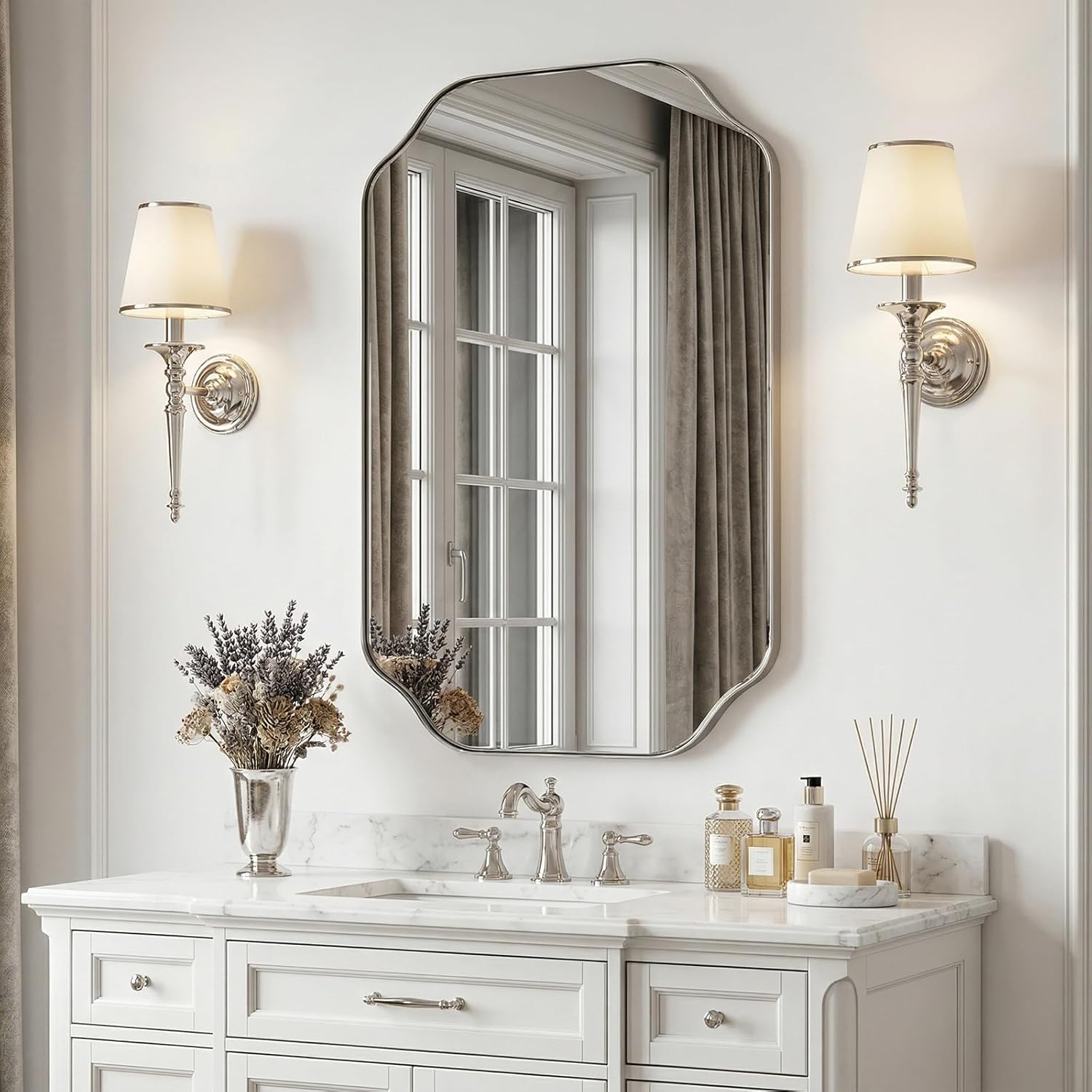 20x30 Inch Bathroom Mirror, Brushed Nickel Scalloped Wall Vanity Mirror Anti-Rust Stainless Steel 0.8" Frame Wall Mounts Horizontally or Vertically