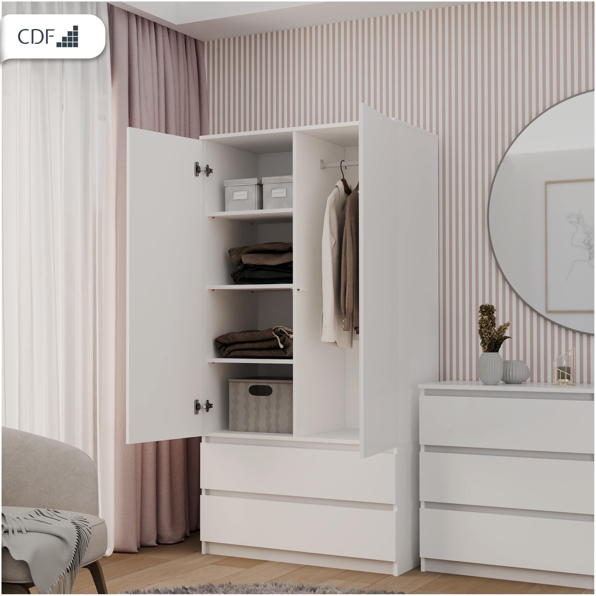 CDF Armoire Chambre 2 Portes 2 Tiroirs avec Etagères, Adult Bedroom Armoire Une Tringle Dressing Placard Multifonction Meuble de Penderie Panneau Stratifié 16mm Largeur 90 cm Blanc