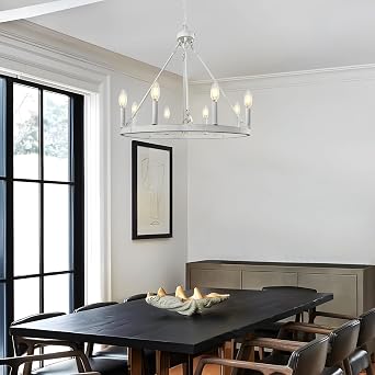 White Wagon Wheel Chandelier, 8-Light Farmhouse Chandeliers for Dining Room, Modern Rustic Round Wagon Wheel Light Fixture for Kitchen Entryway Foyer Hallway