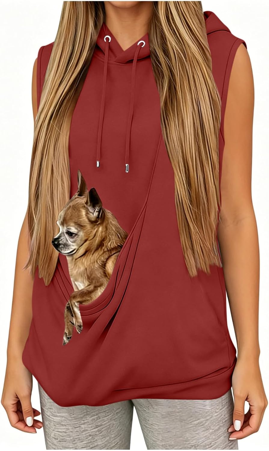 Cat Pouch Hoodie Women Dog Pouch Sleeveless Sweatshirts Pet Carrier Pullover Tops Summer Loose Casual Shirts with Pocket