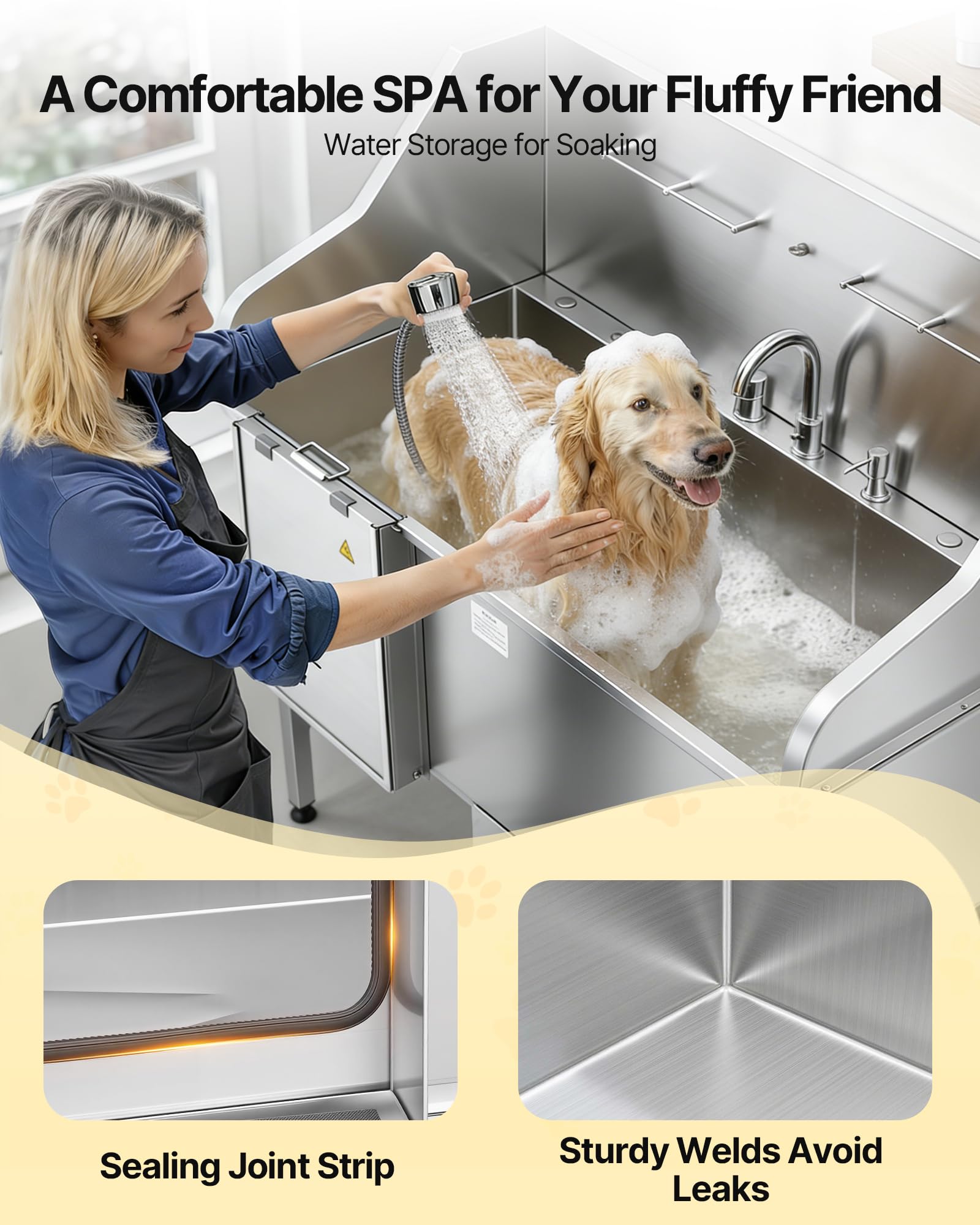 VEVOR Estación de Lavado de Perros de Acero Inoxidable, Bañera de 155 x 79 x 147 cm con Rampa, Filtro de Agua, Grifo, Ducha y Correa para Mascotas Grandes, Medianas y Pequeñas, Puerta Izquierda