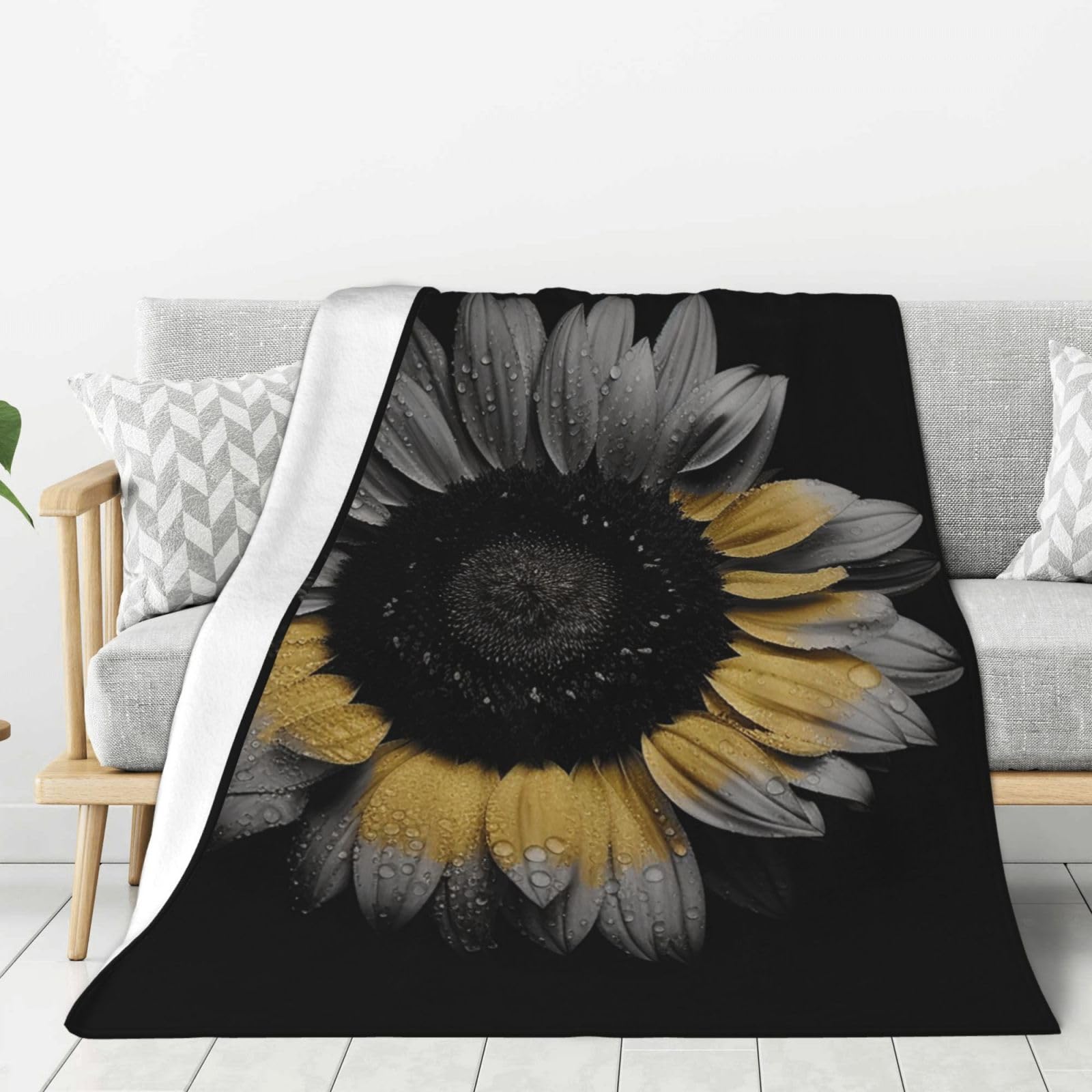 Sunflower Black Throw Blanket Plush Flannel Fleece Blanket, Soft Lightweight Cozy Blankets 80"X60" for Bed Couch Sofa Travel