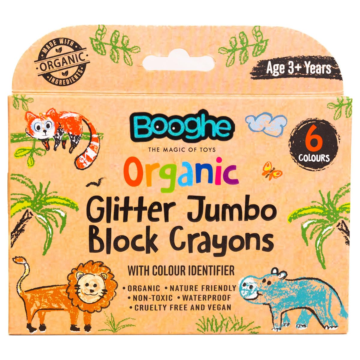 Booghe Organic Glitter Jumbo Block Crayons for Kids – Non-Toxic, Eco-Friendly, Waterproof, Food-Grade Colours, Toddler Crayons Age 3+, Pack of 6