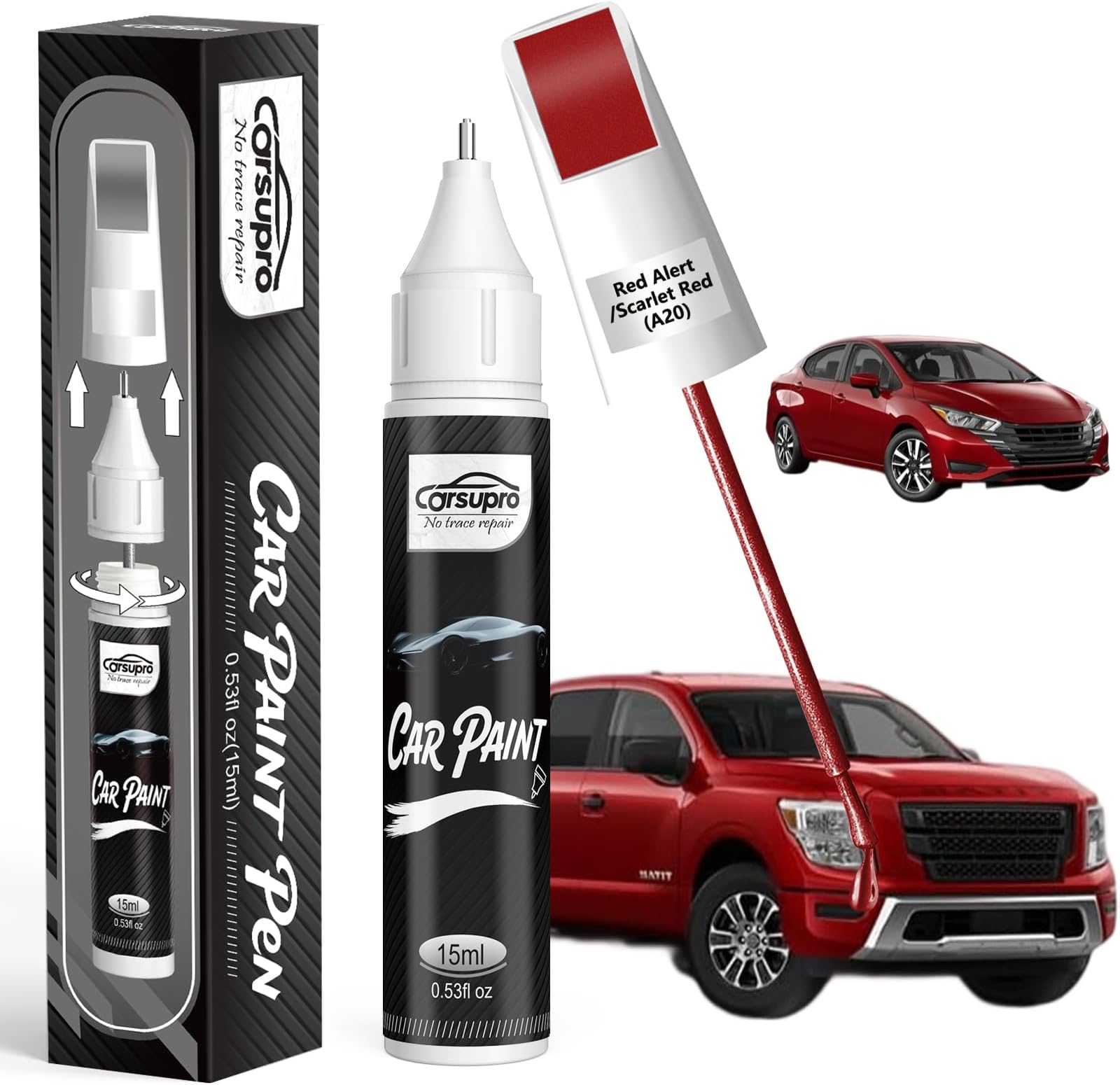 Red Alert/Scarlet Red(A20) for Nissan Touch Up Paint Pen, 2 in 1 Car Scratch Remover with Pen Tip and Brush, Precise Color Match for Car Paint Scratch Repair, Quickly and Easily Fix Chips and Nicks