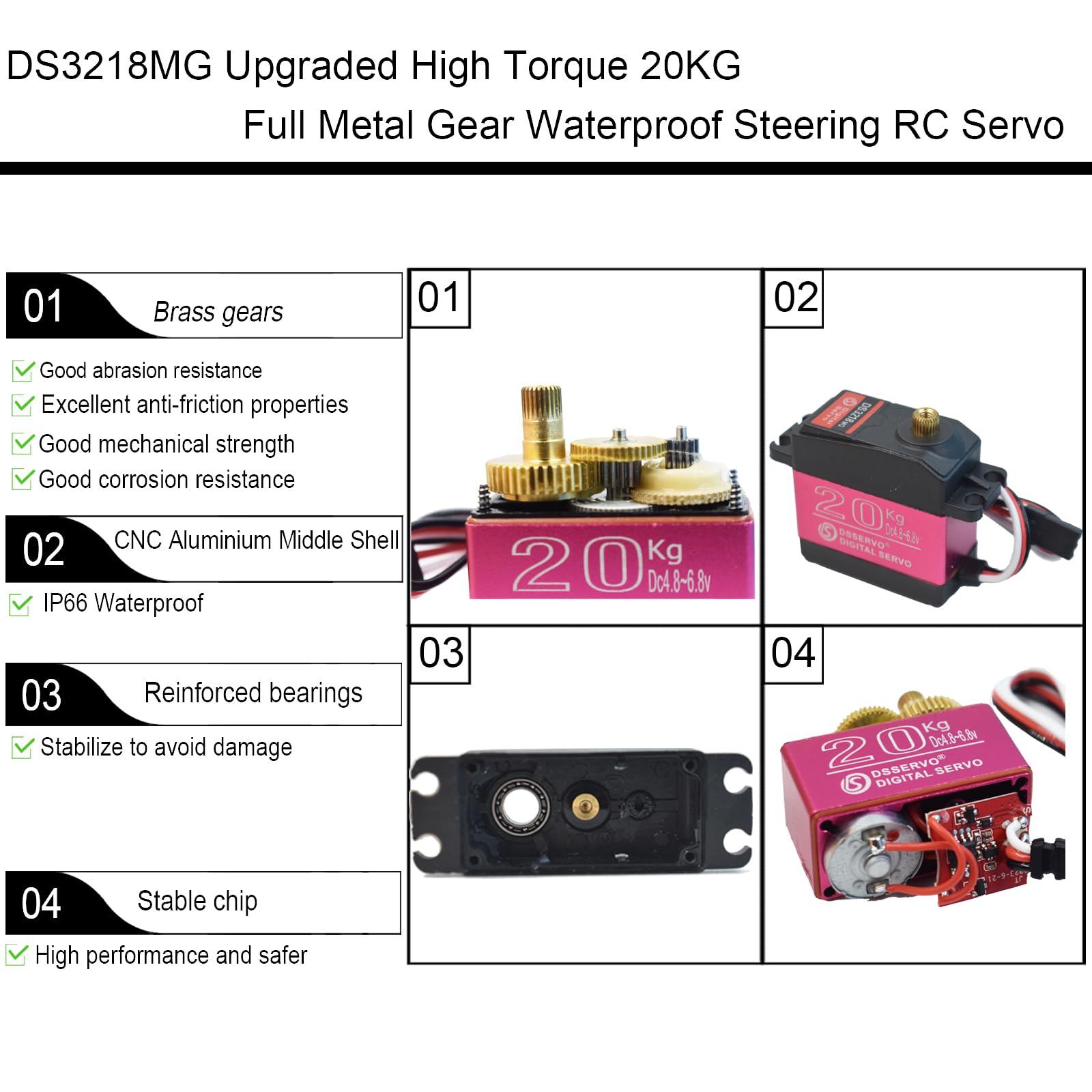 HOOYIJ 4 Pack 20KG Digital Servo, DS3218 Full Metal Gear High Speed Waterproof RC Servo Motor for 1/8 1/10 Scale Crawler RC Car Boat 270 Degree Control Angle