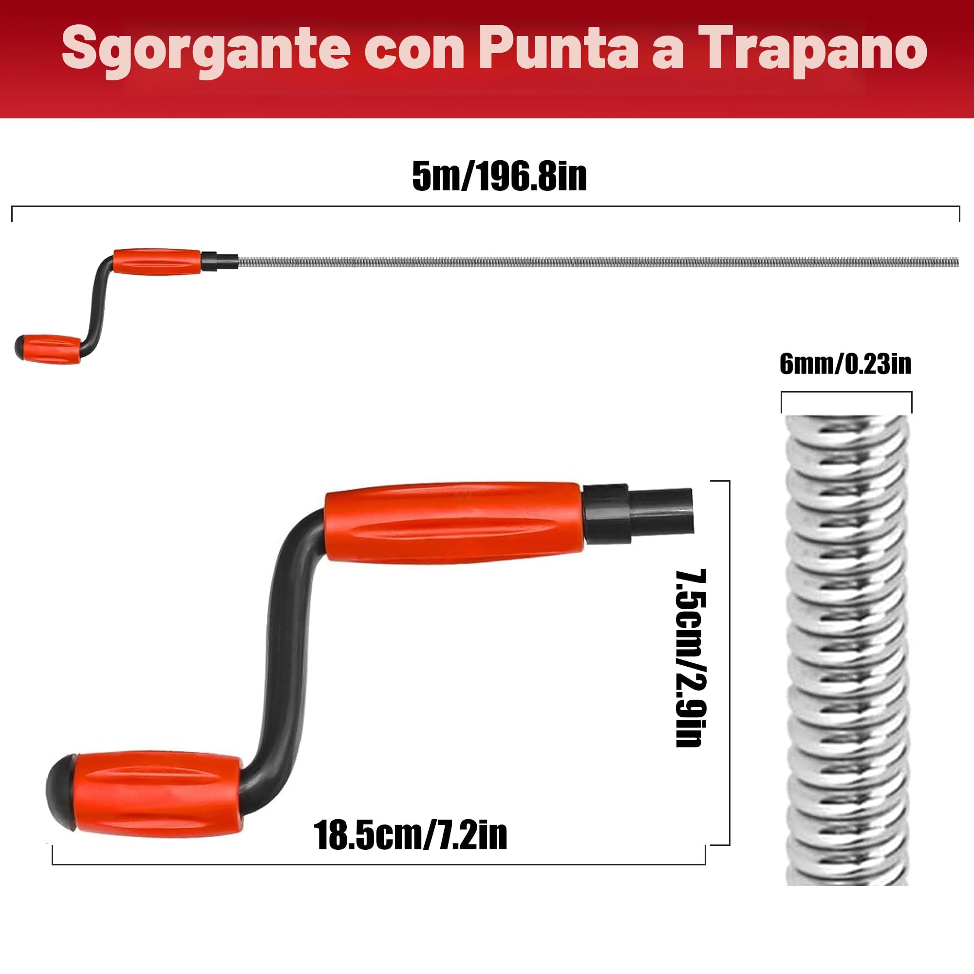 JAADU Stura Lavandini e Scarichi,Sonda Sturatubi Professionale（5 m x 6 mm）Stura Tubi di Scarico, Stura wc Stura Lavandini Per La Pulizia Delle Tubature di Cucina e Toilette Furetto