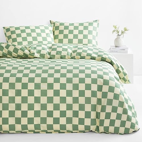 Wake In Cloud - Juego de funda de edredón a cuadros verde y amarillo claro, ropa de cama 100% algodón, patrón geométrico de cuadros de búfalo, con