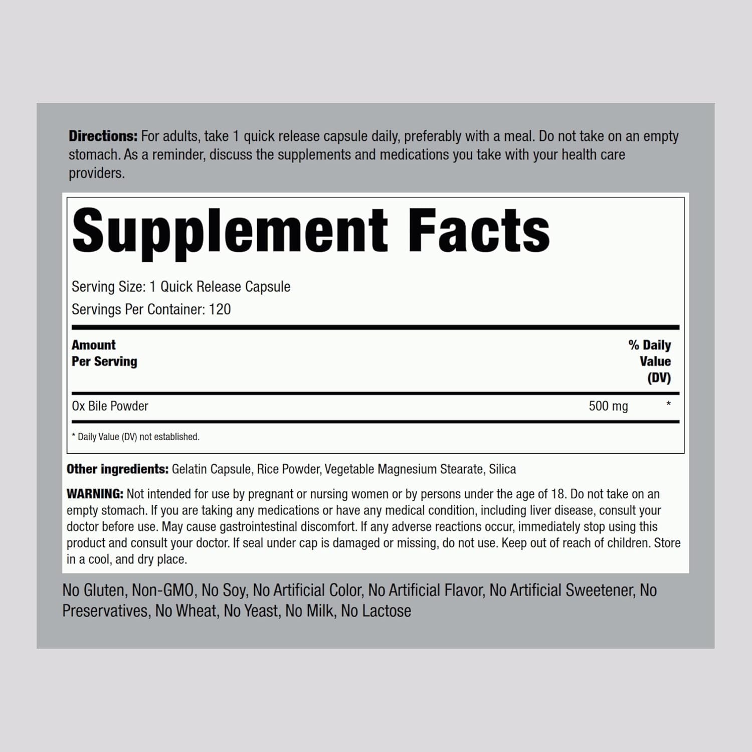 Piping Rock Ox Bile Supplement 500mg | 120 Capsules | Digestive Enzyme | Non-GMO, Gluten Free