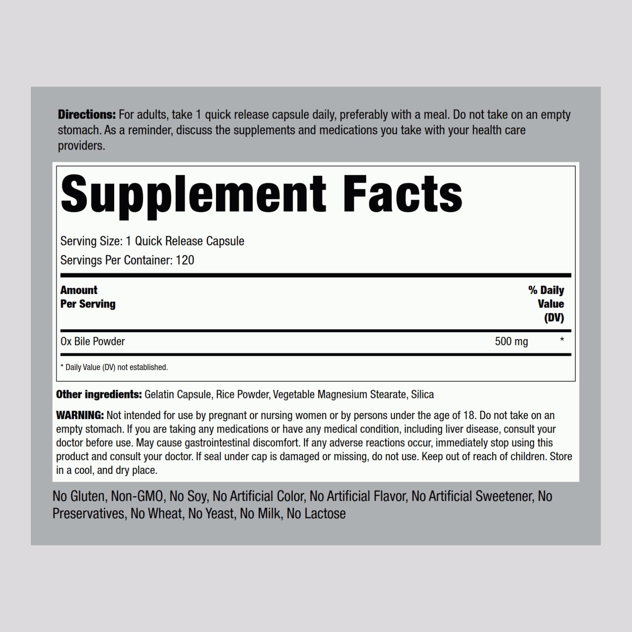 Piping Rock Ox Bile Supplement 500mg | 120 Capsules | Digestive Enzyme — Amazon image 2