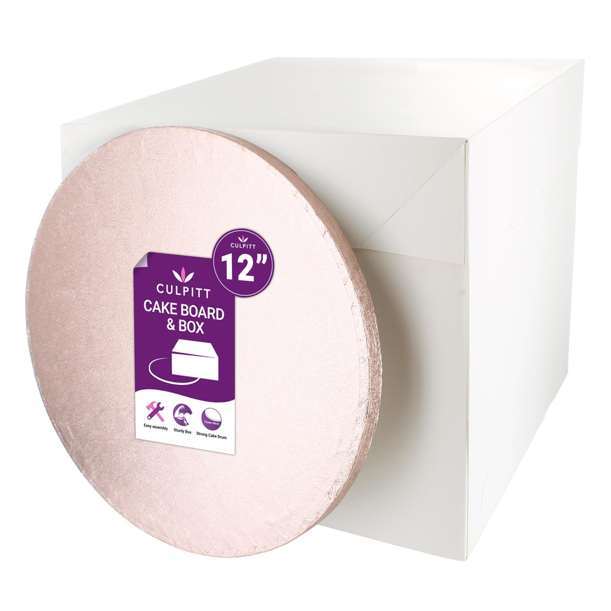Culpitt Rose Gold Board & Tall Box Set | 12" | Tall White Cake Box & Coloured Drum, Box And Colourful Cake Board, Storage & Transport Combo For Decorated & Tiered Cakes