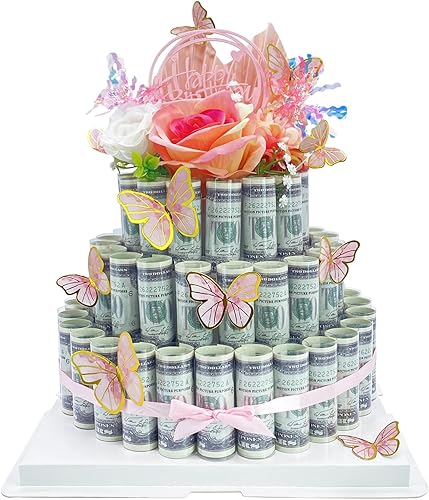 DTESL Cajas de regalo en efectivo, caja de regalo de feliz cumpleaños, caja de regalo de dinero, pastel de flores falsas, caja de regalo de