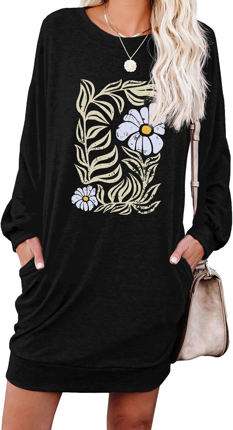 PrinStory Women's Casual Sweater Dresses Fall Floral Pullover Tunic Dress with Side Pockets for Vacation Black Square Flower L