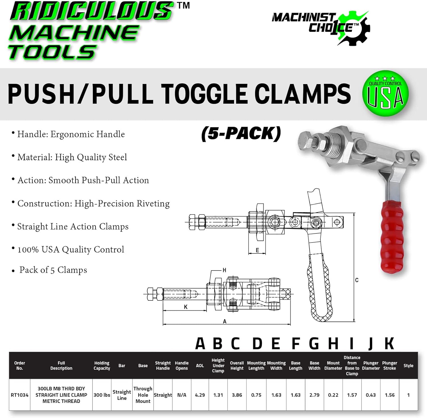 (5 Pack) 200LB M6 THRD BODY STRAIGHT LINE CLAMP METRIC THREAD