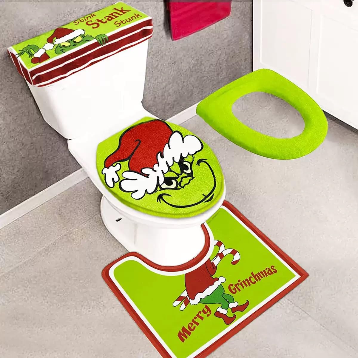 GINGER TECH Christmas Grinch Decoration Toilet Cover & Rug Set, 4 Pcs Bathroom Grinch Decoration Sets, Funny Christmas Bath Mat, U-shaped Contour Toilet Rug, Non-Slip Bath Rug, Toilet Lid Cover