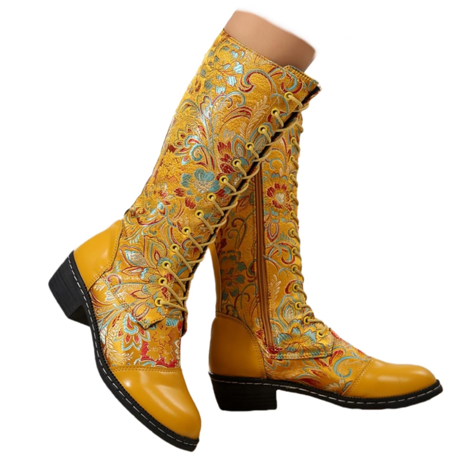 ZKXYFFS Knee High Boots for Women Vintage Ethnic Flower Design Round Toe Chunky Low Heel Mid Calf Lace