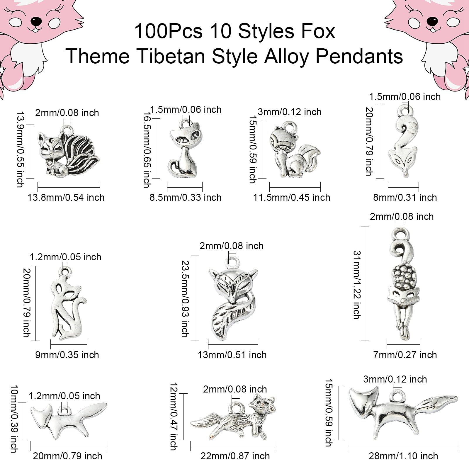 UR URLIFEHALL 100 Pcs 10 Styles Antique Silver Fox Charms Tibetan Animal Charms Pendants for Jewellery Making DIY Crafts Keychain Necklaces - Image 2