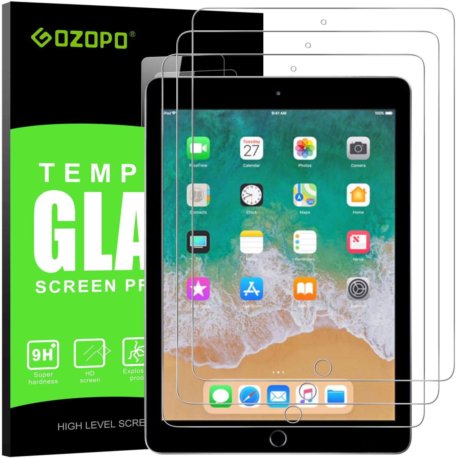 GOZOPO [3 Stück Schutzfolie für iPad 6./5. Generation, iPad 9.7 (2018/2017), iPad Air 2, iPad Pro 9.7 Zoll, 9H-Härte Panzer Schutz Glas Gehärtetem Displayschutzfolie