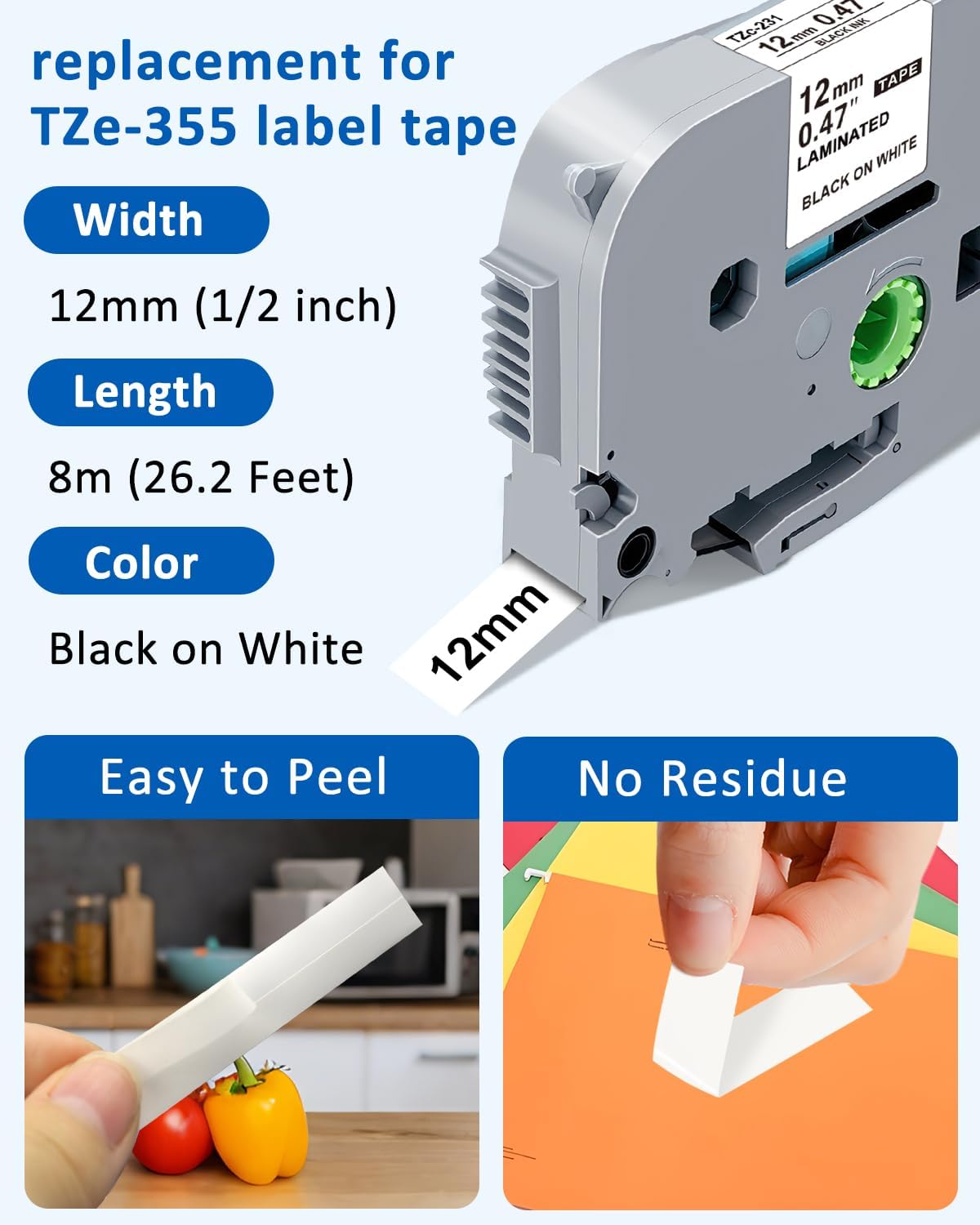 7-Pack Compatible with Brother P Touch Label Tape TZe-231 TZc-231 TZe Tz 12mm 0.47" Laminated White P-Touch Refill Tape Compatible with Brother Label Maker PT-D220 D210 H110 D600, Black on White