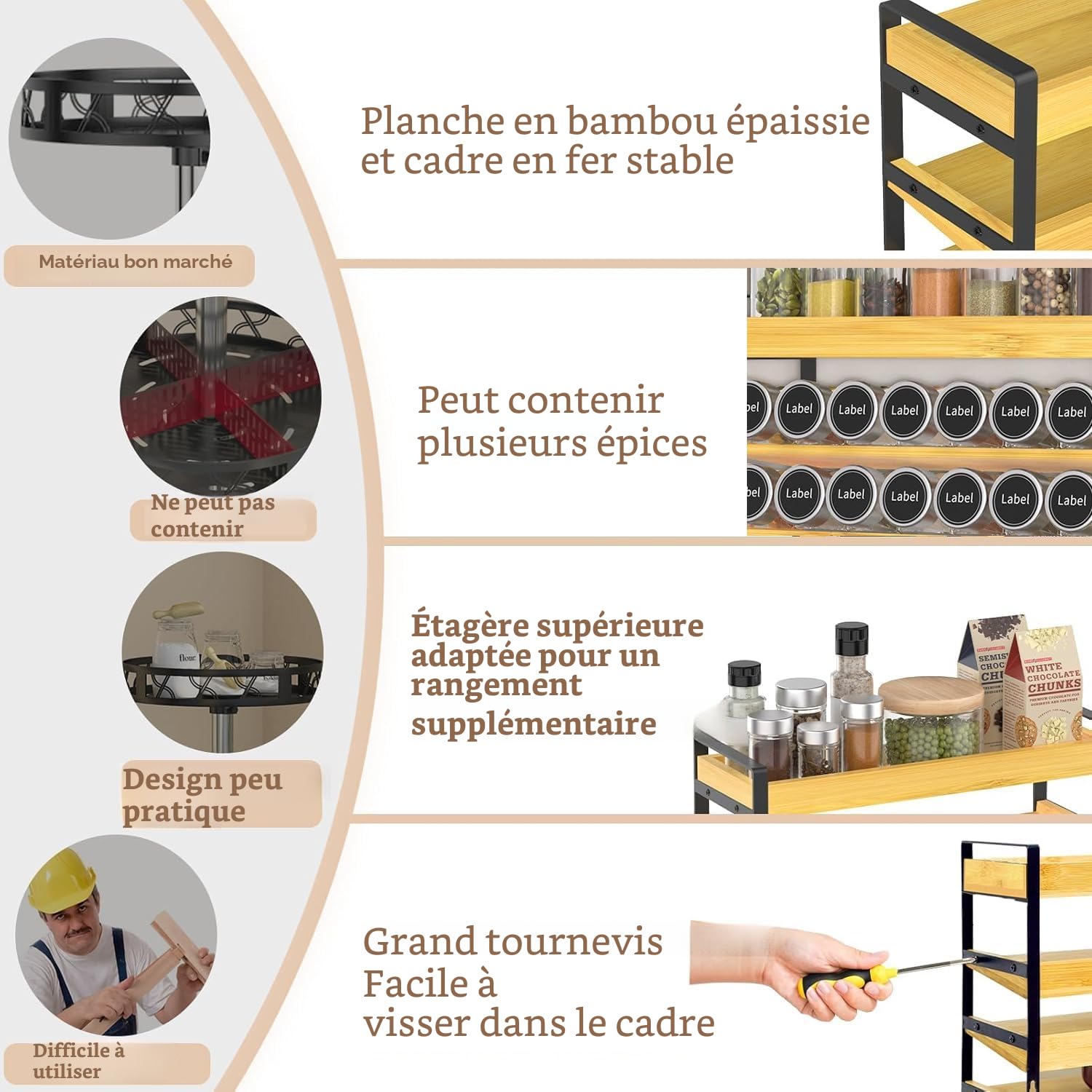 4 Niveaux Rangement epices cuisine，Bambou,Pour 35 bouteilles d'épices (verre non inclus) Pour cuisines, Placards, garde-manger, Plans de travail, Organisateur d'épices.（36x28.5x12CM）