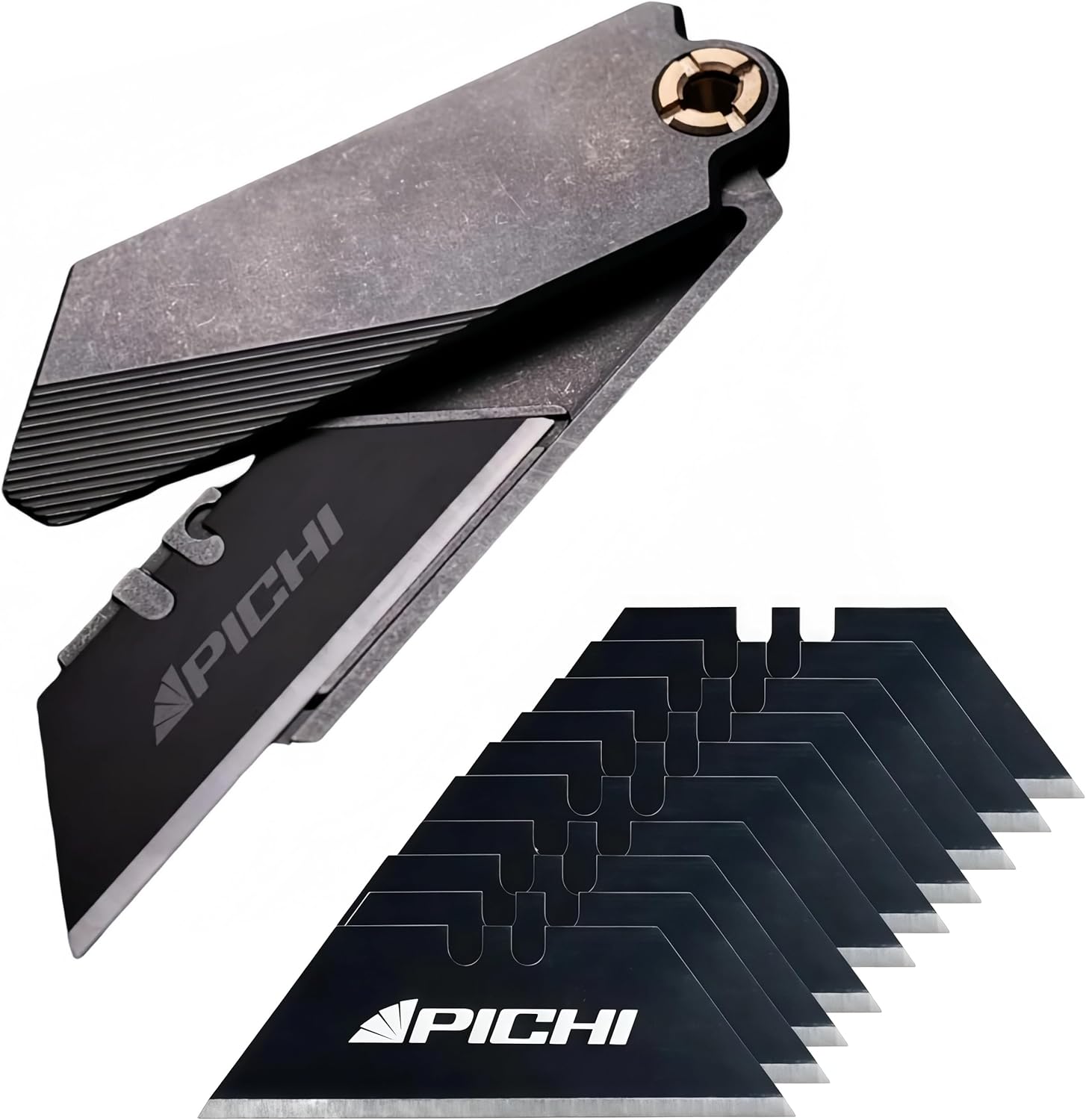 PICHI G9 Titanium Utility Knife with Cow Leather Holster and Pocket Clip, CNC Unibody Quick Change Blade, Button Lock, for Men Women Outdoor, Hiking, Camping, with 10 Replaceable Blades