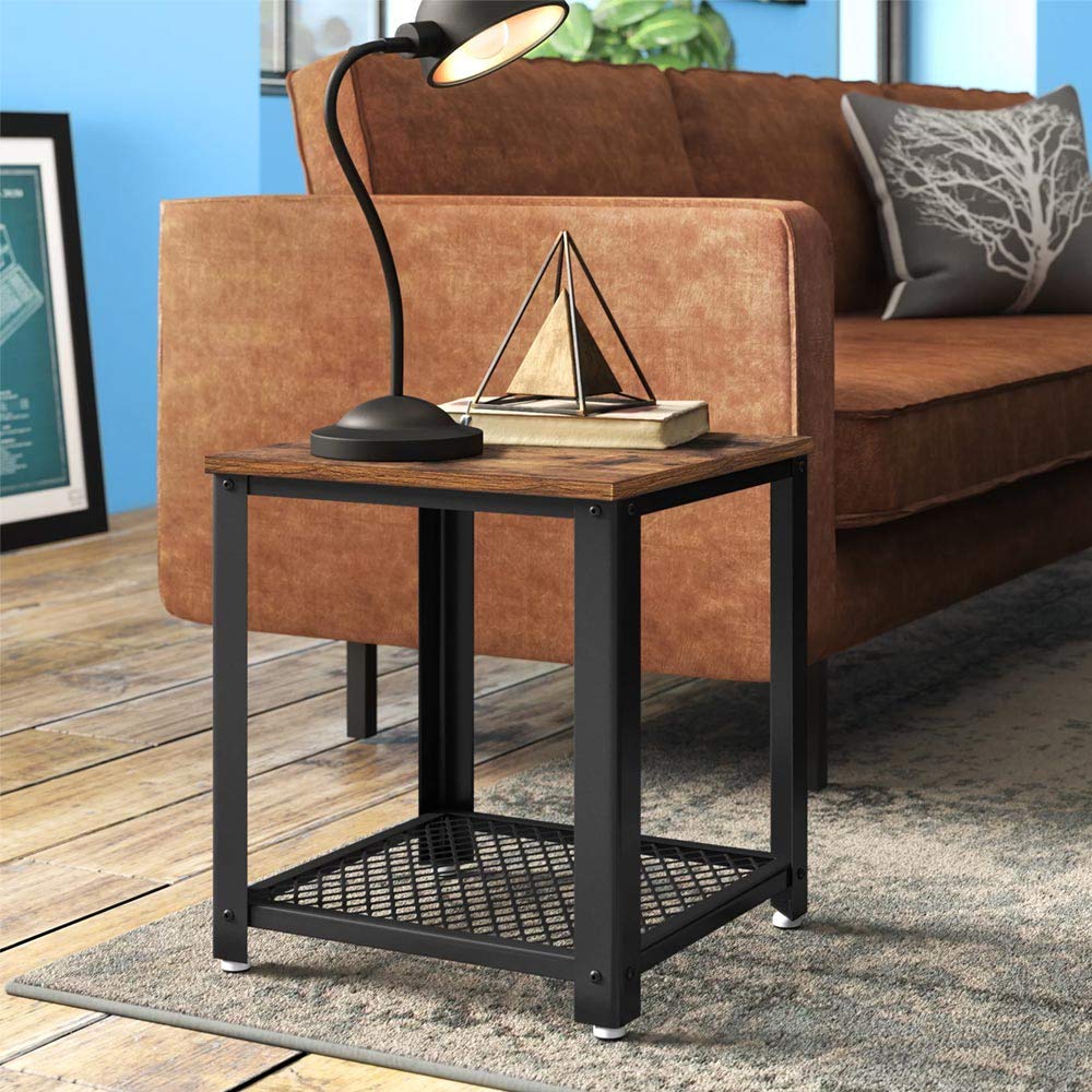 BAKAJI Tavolino Divano Tavolo caffè da Salotto Quadrato Design Moderno Industriale Struttura in Metallo con Ripiano Inferiore Piao d'appoggio in Legno MDF Scuro Dimensione 40 x 45 cm
