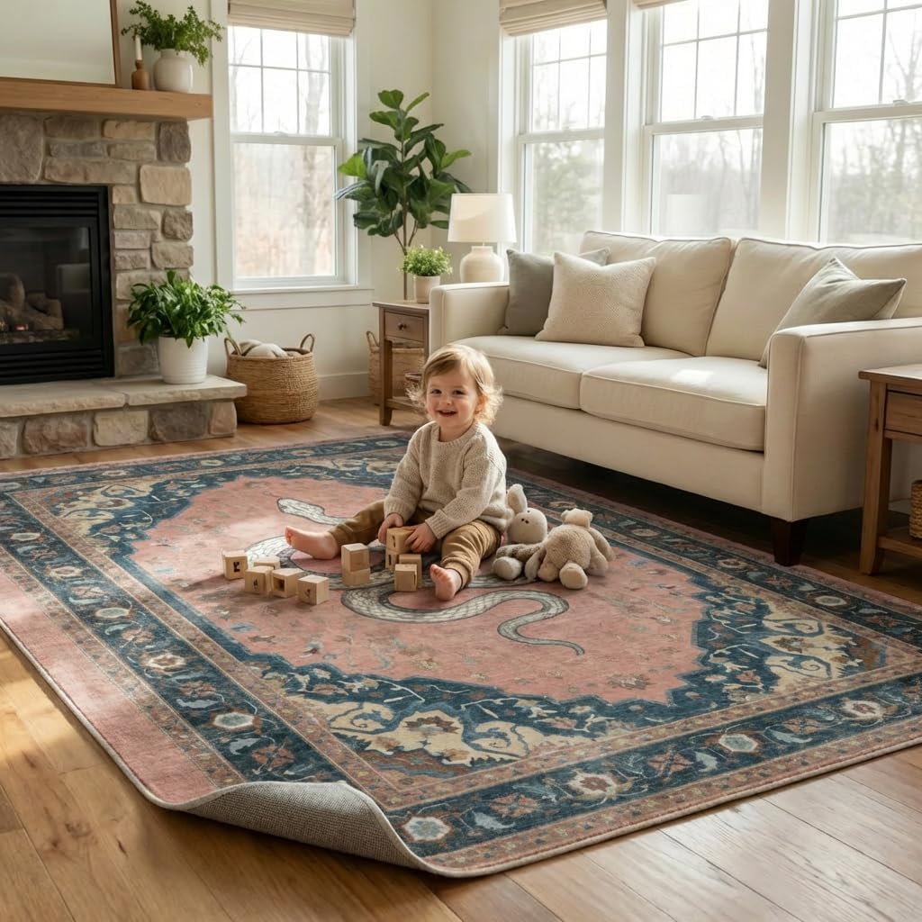 5x7 Area Rug Vintage Bohemian Snake Motif Rug with Non Slip Backing, Washable Low Pile Dusty Pink Navy Blue Carpet for Bedroom, Living Room, Home Office, Eclectic Decor