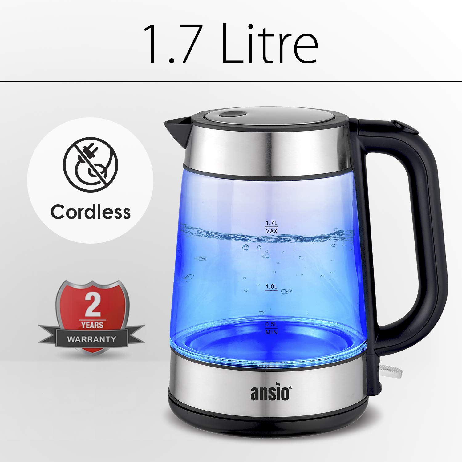 ANSIO Electric Kettle Glass Kettle 1.7L Cordless Clear Kettle 2200W