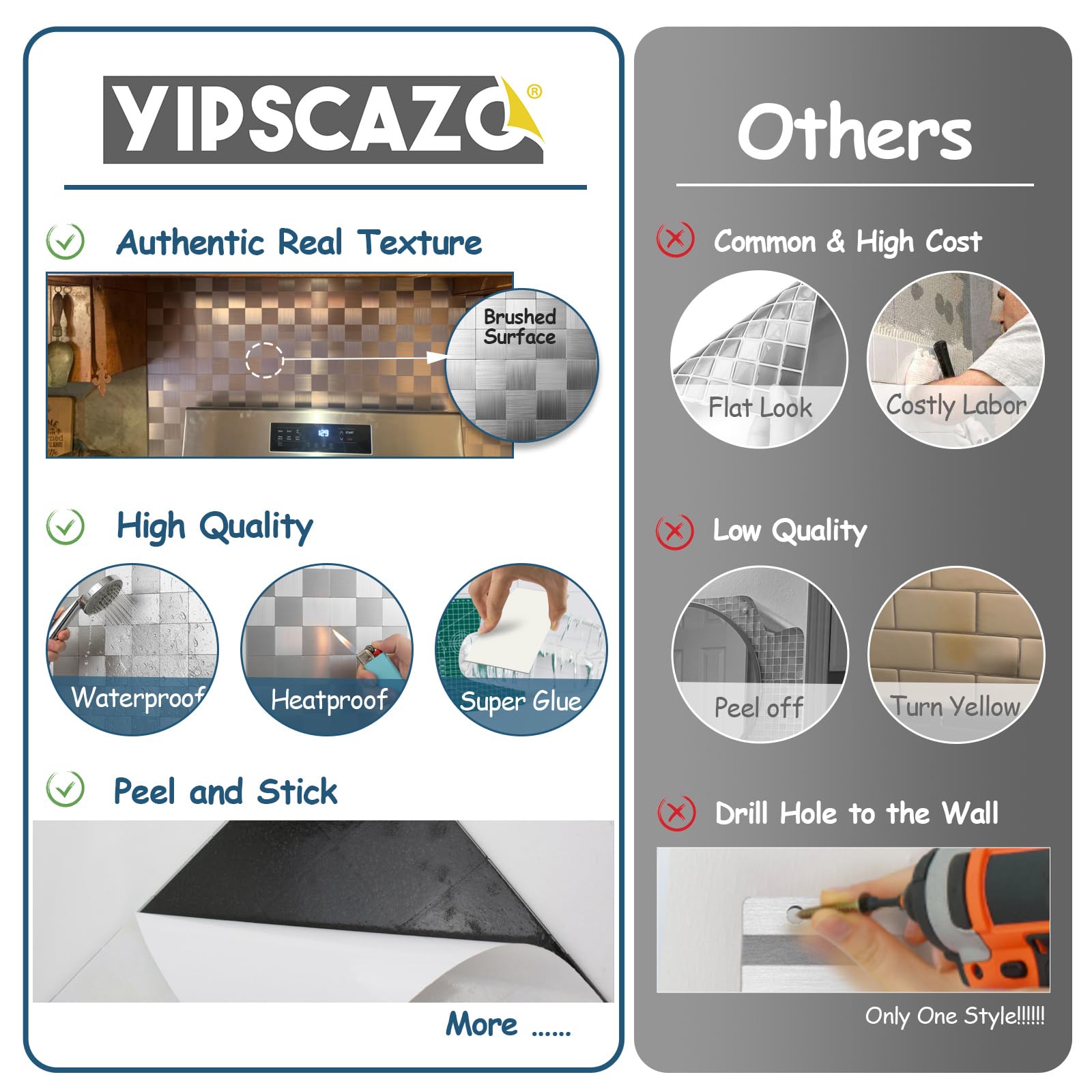 Yipscazo Azulejos adhesivos para salpicaduras de cocina, despegar y pegar, azulejos de mosaico de metal de acero inoxidable para baño, caravana, chimenea