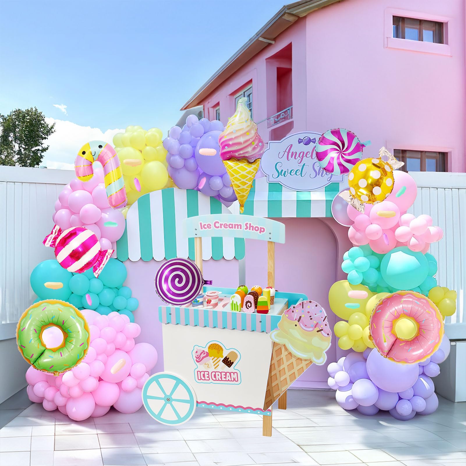 Pink Ice Cream Balloon Flag Circus Arch Backdrop Kit