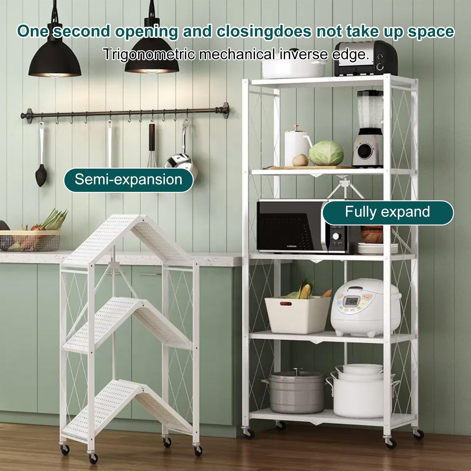 Étagère pliable à 5 niveaux, étagère de rangement en métal avec roues – 100 kg, pour cuisine, salle de bain, salon