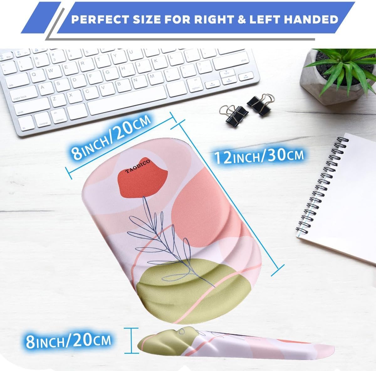 Ergonomic Mouse Pad with Wrist Rest, Milk Silk Fabric Durable Silicone Filling Non-Slip Pu Base, Massage Design Pain Relief Mousepad for Wireless Mouse and Desk, 12x8inch Pink Tulip