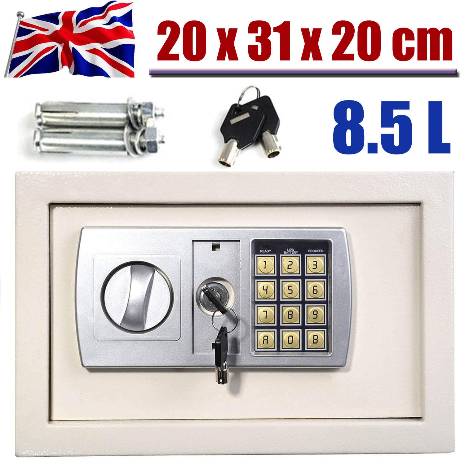 Electronic Safe 8.5L Cash Digital Safe Lock Box Steel Security Construction with 2 Keys For Office or Home Wall or Floor Mounted 20x31x20CM, White