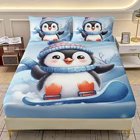 AILONEN Jogo de lençol casal fofo pinguim para crianças, meninas, meninos, desenho animal de snowboard, macio, 3 peças, lençol com tema do mundo da neve + 2 fronhas