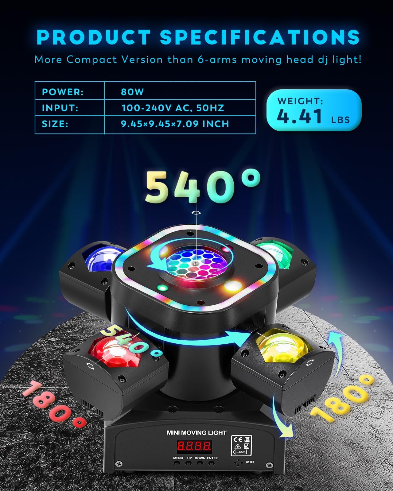 80W Moving Head DJ-Licht, 5-in-1 RGBW LED Discolicht mit 4 Armen Strahl – DMX512 & Musiksteuerung & Fernbedienung, professionelle Partybeleuchtung für Bühne, Club, KTV, Bar, Live House
