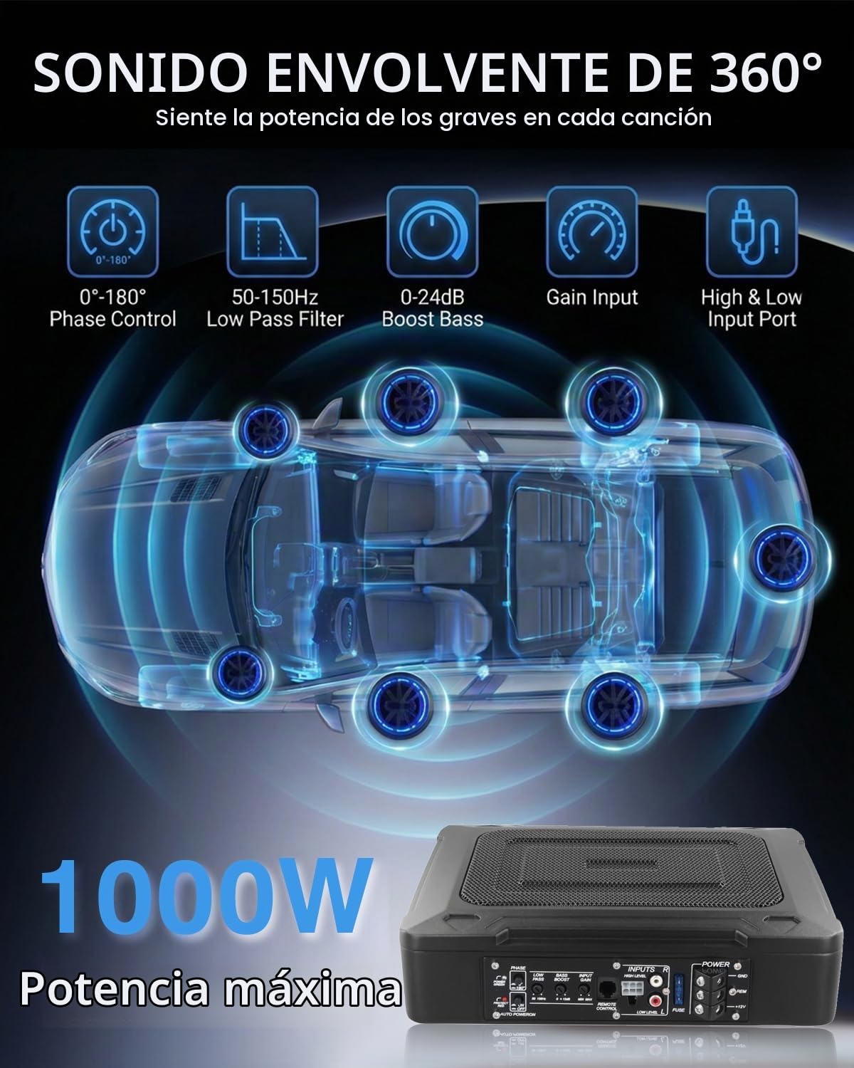 Ultraflacher Auto-Subwoofer, Adecuado para Auto/camión, con Amplificador Integrado, montable bajo los Asientos, Potencia máxima 1000W, subwoofer Compacto