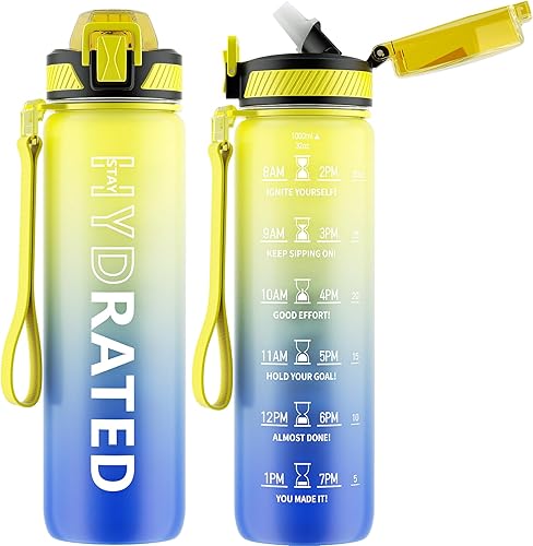 QLUR - Botella de agua con pajilla, motivacional, con marcador de tiempo, de plástico Tritan, 32 onzas o 1 litro, sin BPA, deportiva, con correa de