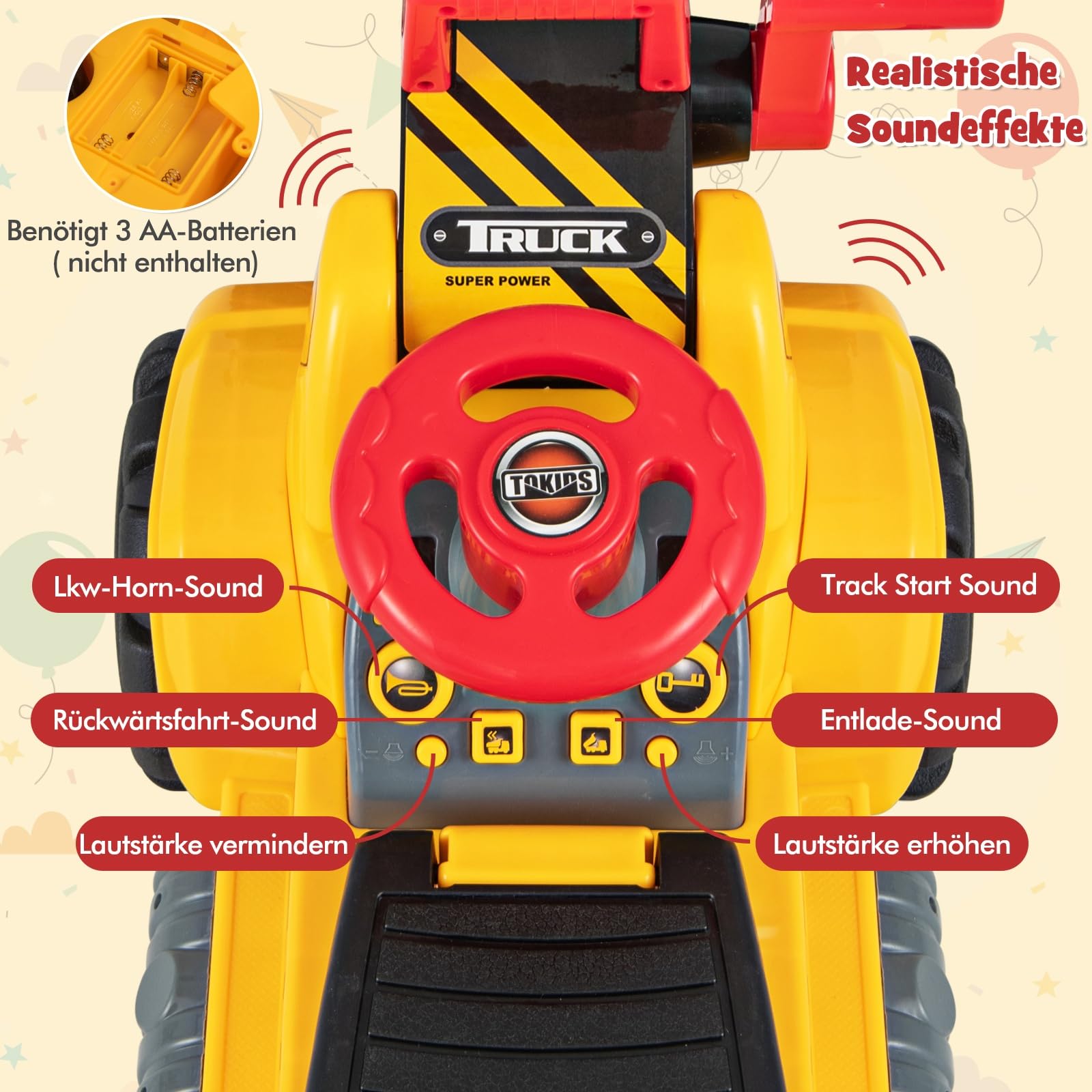 DREAMADE Kinder Sitzbagger, Aufsitzbagger mit Schutzhelm & 3 Spielsteine, Schaufel & Stauraum, Sandbagger mit Sound-Tasten, Bagger zum draufsitzen für Kinder ab 3 Jahren