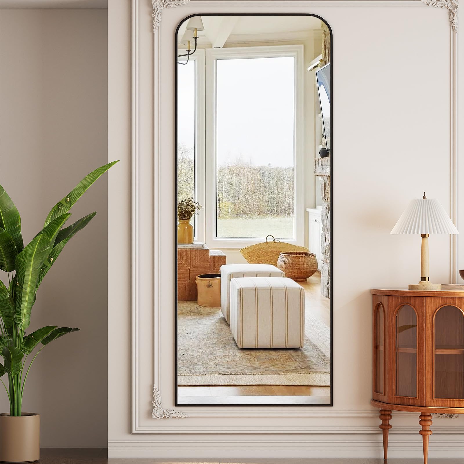 Koonmi Miroir sur pied avec coins incurvés 76 x 171 cm, miroir pleine longueur, incassable, moderne, merveilleux pour salon, chambre, couloir, noir