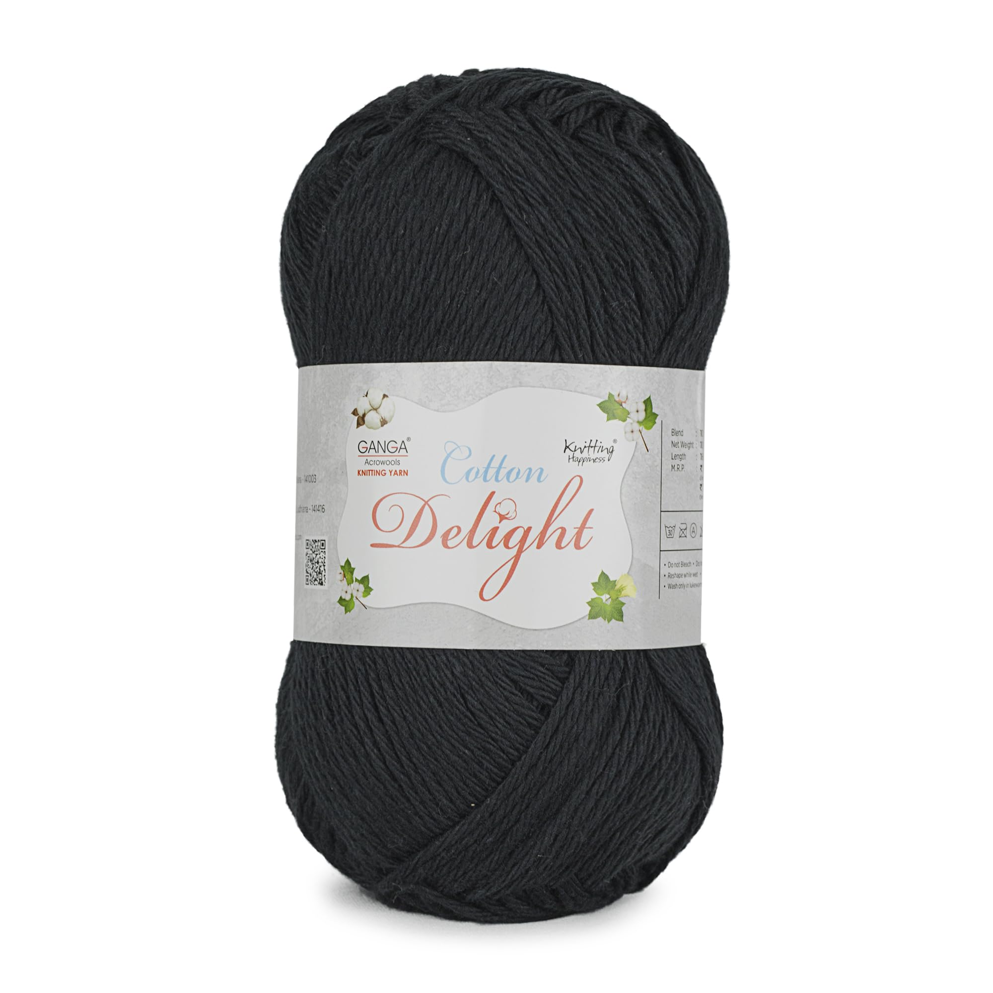 Ganga Acrowools Cotton Delight, Dk Weight Cotton Yarn, Oekotex Class L Certified 100G, 169M COD009 Jet Black