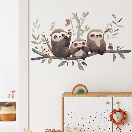Calcomanía de pared de tres perezosos en la rama, adorable calcomanía de pared de animales de guardería, extraíble, impermeable y fácil de despegar