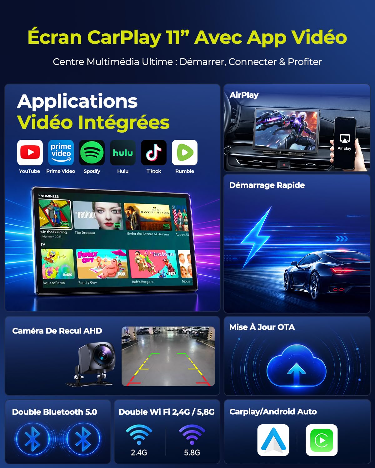 LAMTTO Écran CarPlay Voiture sans Fil 11 Pouces avec APPs Youtube TikTok Portable pour Apple CarPlay & Android Auto avec Caméra de Recul/Navigation/Écran Tactile in-Cell/Assistant Vocal/OTA/Bluetooth