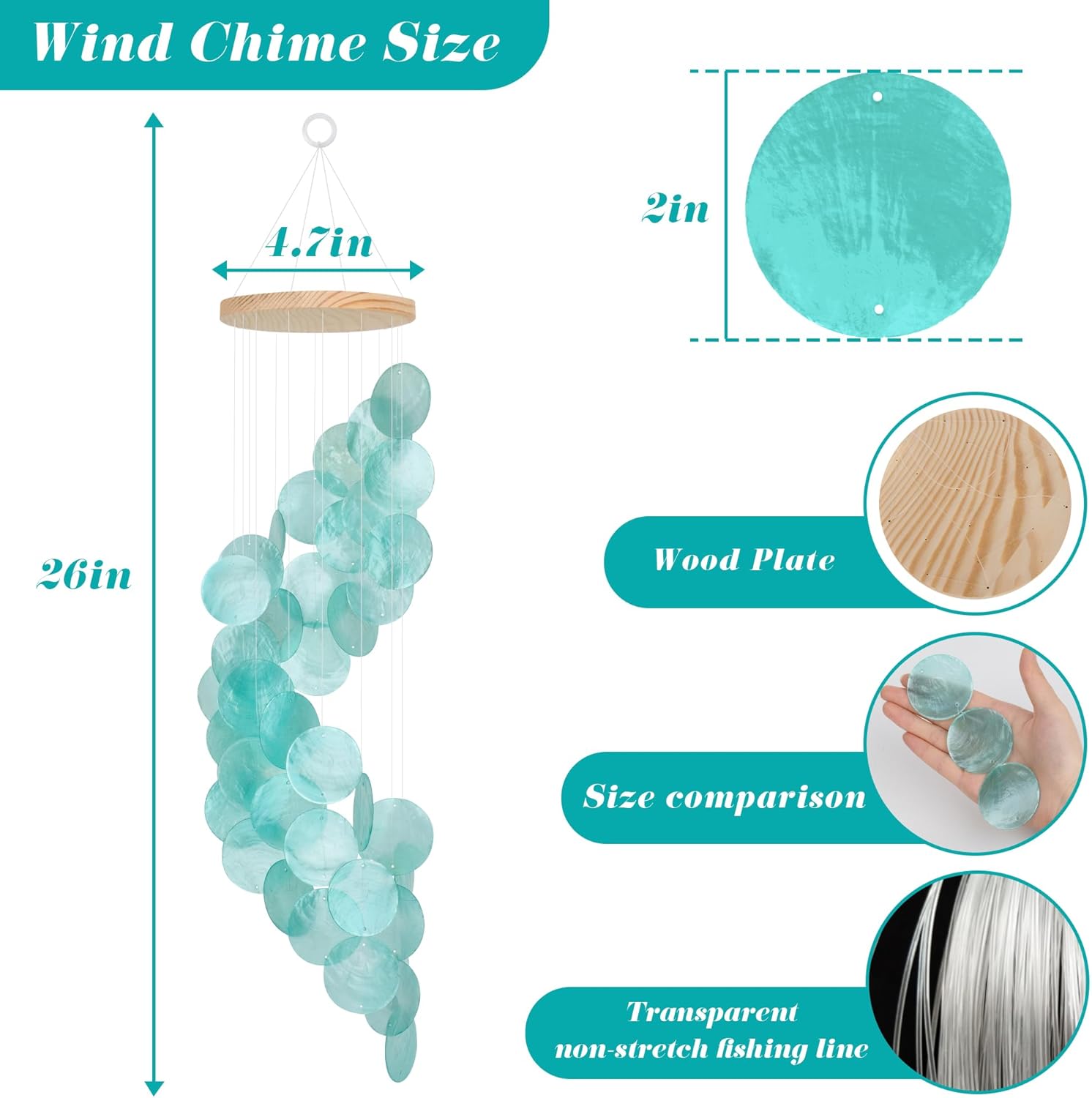 Seashell Wind Chimes for Outside - Handcrafted Turquoise Spiral Shape Capiz Shells Windchime Coastal Style Decor for Indoor/Outdoors, Garden & Beach Hanging Decor for Wind Chimes Lovers and More - Image 2