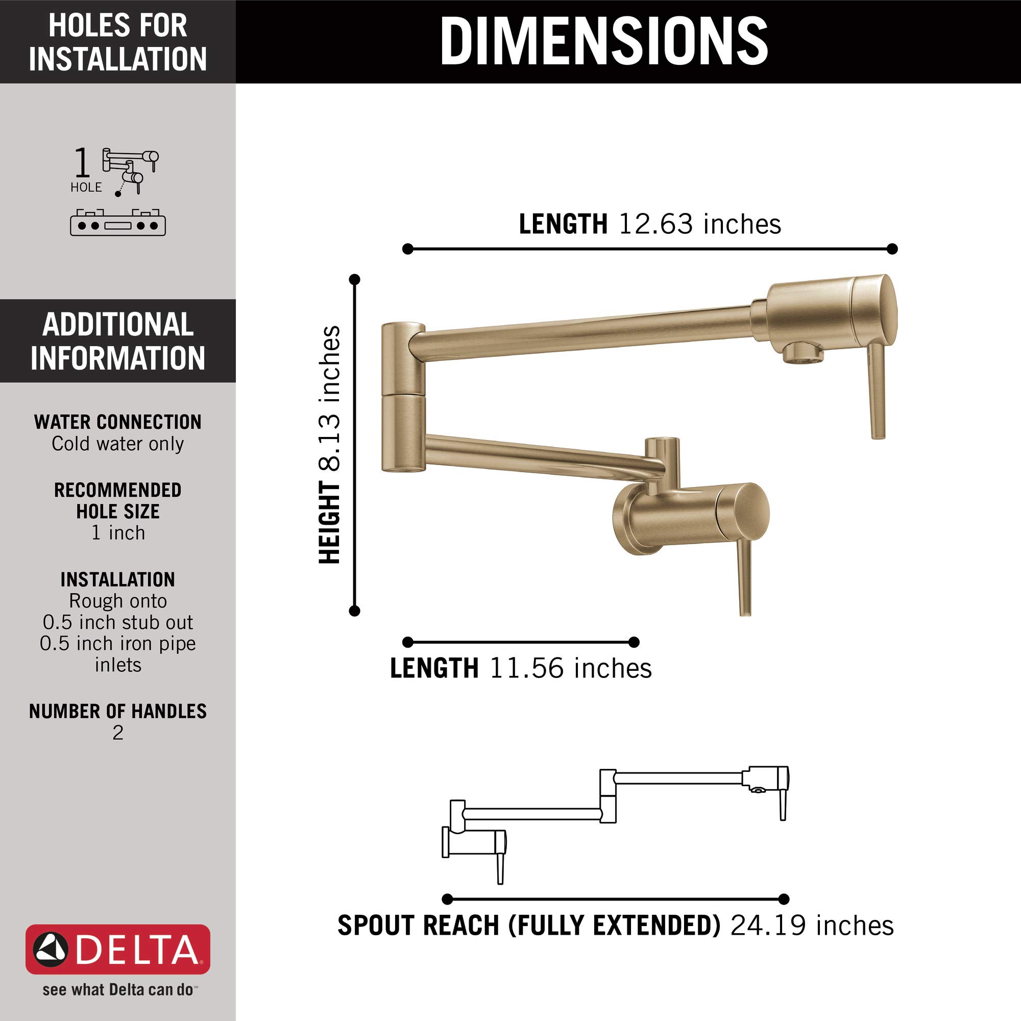 Delta Faucet Tradycyjny szczotkowany złoty kran do napełniania garnków, Delta Pot Filler Gold, Farmhouse Pot Filler Kran Montaż ścienny, Potfiller, Mosiądz, Szampan Brąz 1177LF-CZ