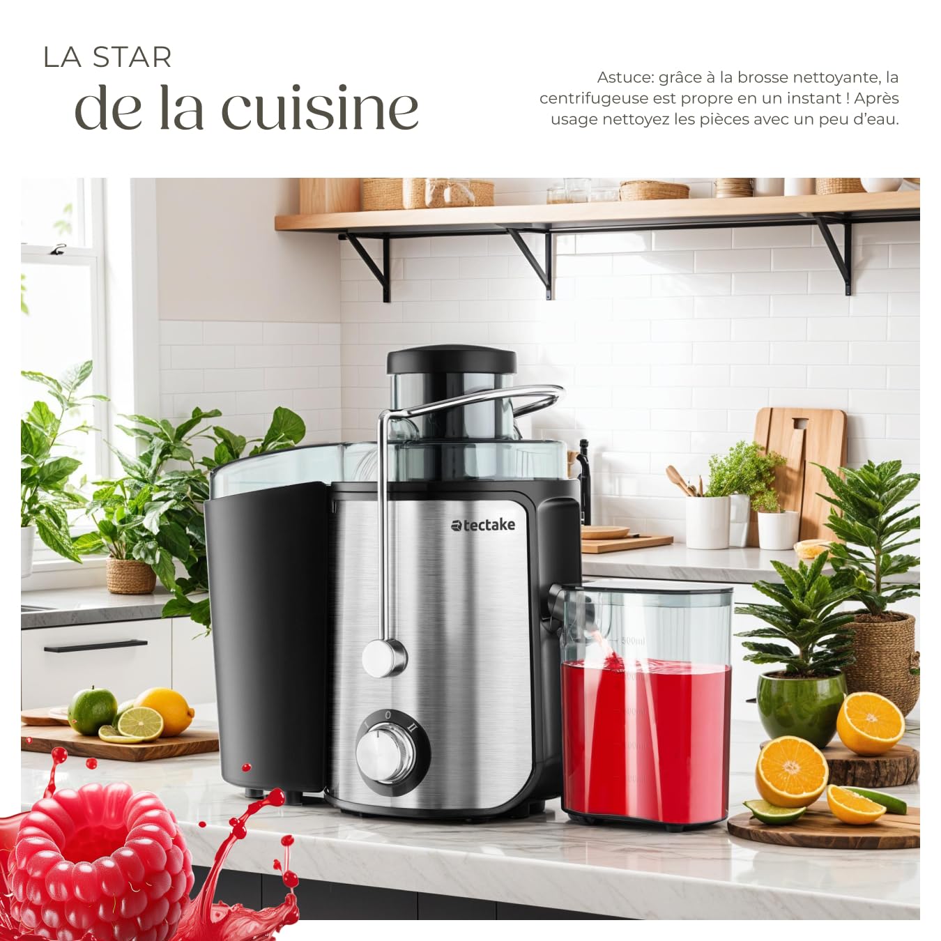 tectake® Extracteur de jus de fruits et légumes Centrifugeuse Fruits et legumes avec Goulotte d'Alimentation 2 Vitesses pour jus de fruits & Alimentation saine Bien-être Electroménager cuisine