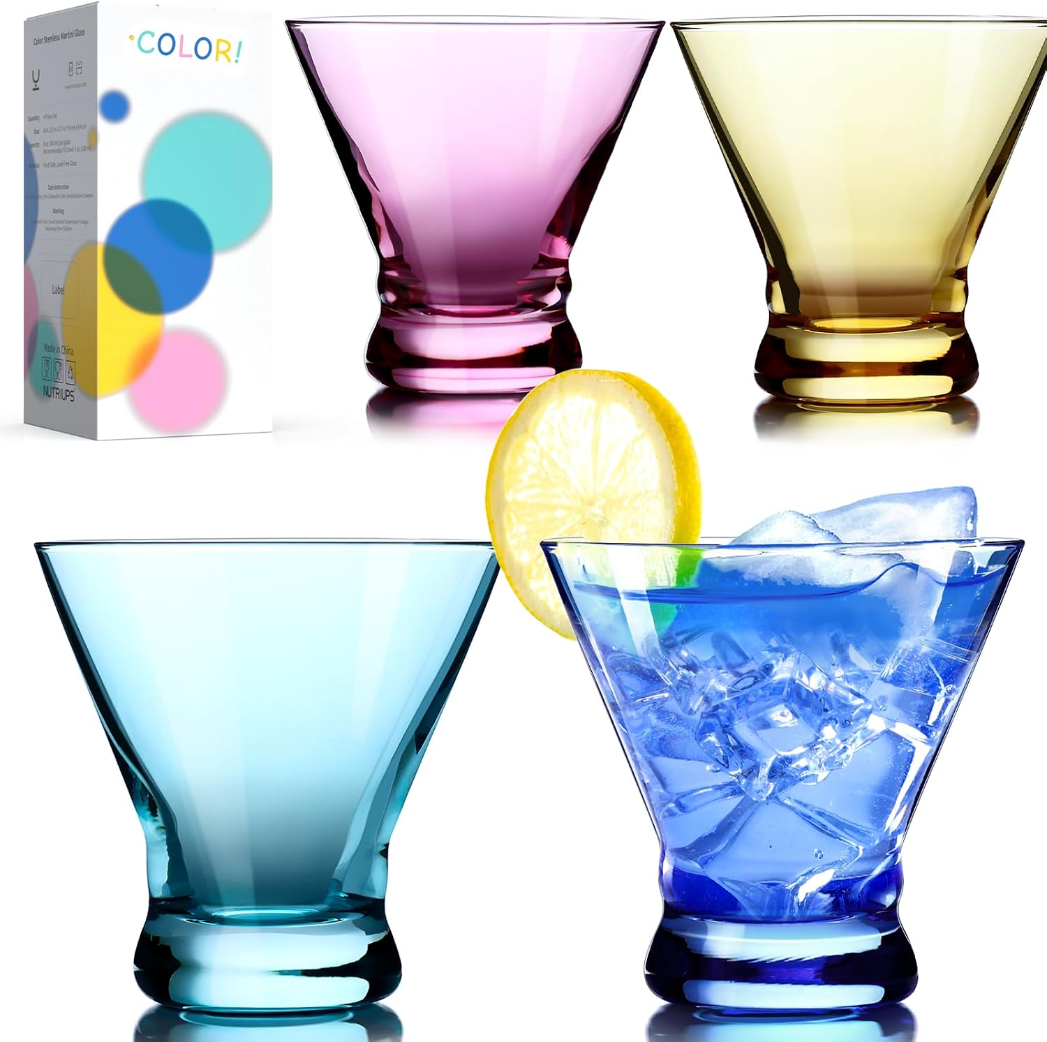 NUTRIUPS 8oz Colorful Stemless Martini Glasses Set of 4, Blue/Yellow/Pink/Green Cocktail Cups, Bar Glassware for Home Party, Wedding & Daily Use (Multi)