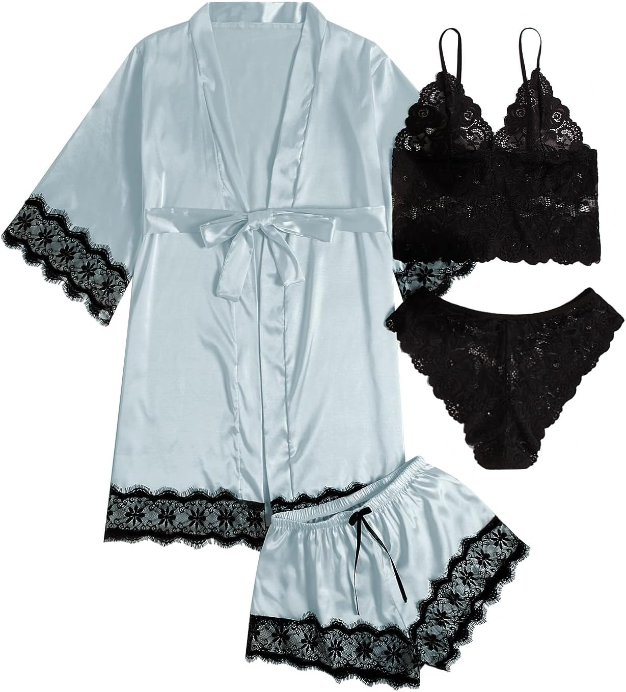 SOLY HUX Women's Satin Pajama Set with Lace Trim – 4-Piece Sleepwear & Robe