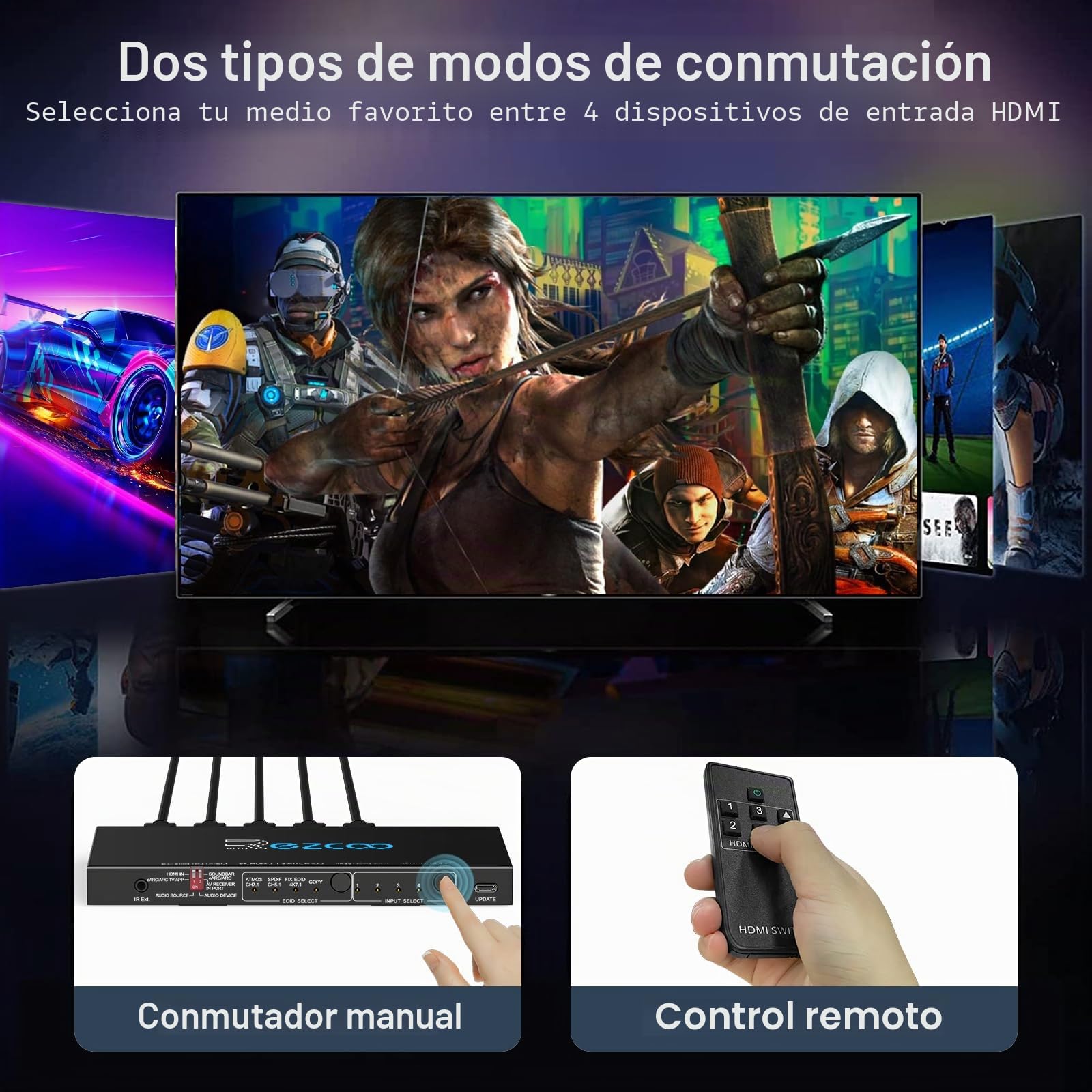 Interruptor HDMI 2.1 eARC 4K 120Hz 4x1 Extractor de audio VRR ALLM HDCP2.3 ARC HDR10 Óptica SPDIF y salida de audio de 3,5 mm Switch HDMI 4 en 1 OUT Mando a distancia IR Dolby Digital EDID para PS5